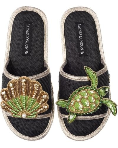 Laines London Straw Braided Sandals With Handmade Turtle & Green & Gold Shell Brooches