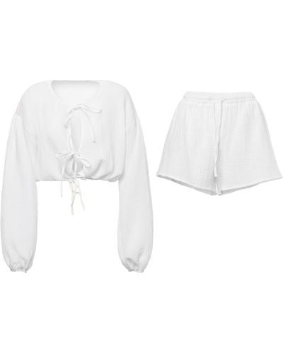 BLUZAT Matching Set With Blouse With Bows And Shorts - White