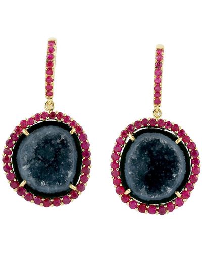 Artisan Yellow Gold Natural Ruby Geode Gemstone Dangle Earrings Jewelry - Blue