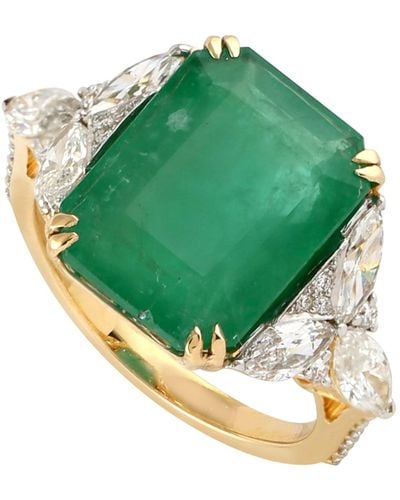 Artisan Green Emerald & Rose Cut Diamond In 18k Yellow Gold Designer Cocktail Rings