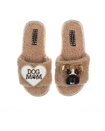 Laines London Teddy Toweling Slippers With Pip The Boxer & Dog Mum /mom Brooches - Natural