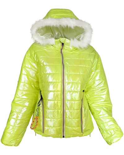 Lalipop Design Hooded Metallic Neon Yellow Puffer Coat - Green