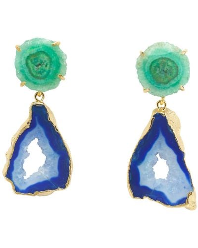 YAA YAA LONDON 'summer Love' Blue Green Gemstone Gold Statement Earrings