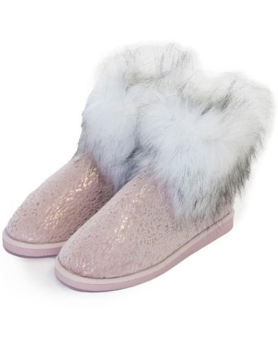 Pretty You London Foil Detail Fur Lined Bootie Slipper Giselle In Pink - Grey