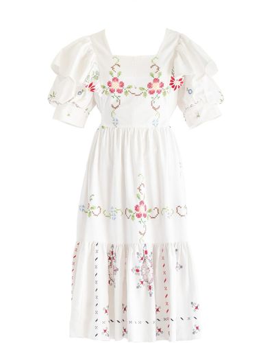 Sugar Cream Vintage Re-design Upcycled Square Necked Cross-stitch Maxi Dress - White