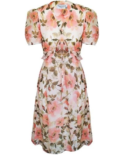 Haris Cotton Printed Voile Cotton Midi Dress With Ruffles Under Bust And Puff Short Sleeves - Pink