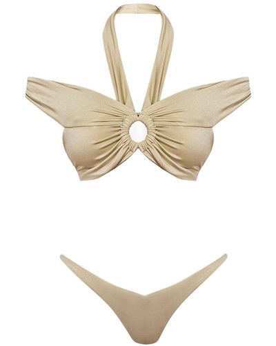 Cliché Reborn Beige Off Shoulder Bikini Set With Ring - White