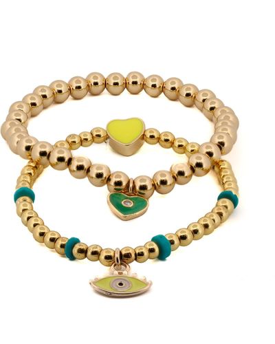 Ebru Jewelry Protector Of Love Evil Eye & Heart Charm Gold Beaded Bracelet Set - Metallic