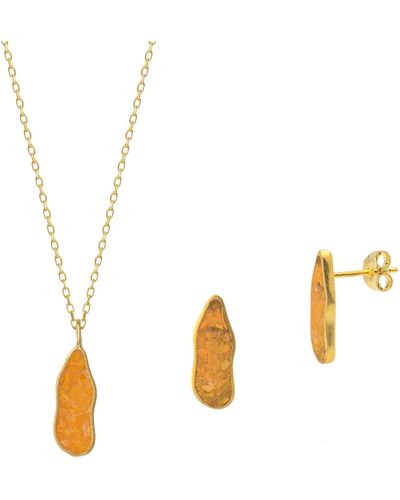 Spero London Molten Coral & Amber Sterling Silver Gold Plated Earring & Necklace Set - Metallic