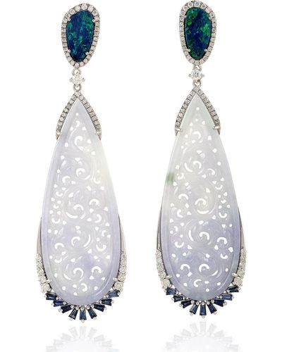 Artisan White Gold Diamond Opal Doublet Carving Jade Dangle Earrings Sapphire Jewellery