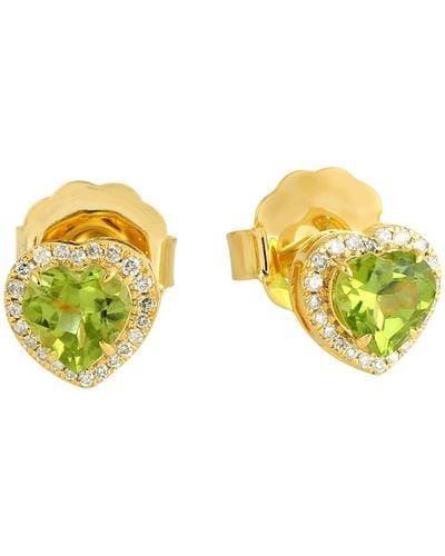 Artisan 14k Yellow Gold In Heart Shape Peridot & Pave Diamond Unique Stud Earrings