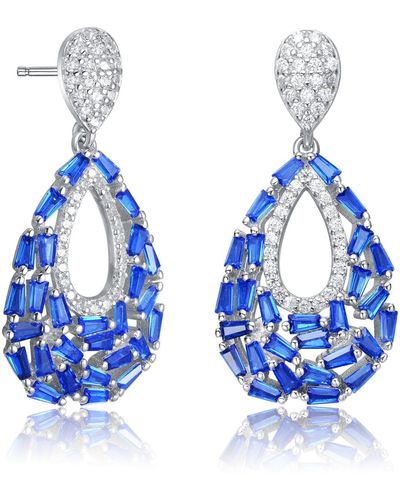 Genevive Jewelry Sterling Silver Rhodium Plated Baguette And Round Sapphire Cubic Zirconia Pear Shape Drop Earrings - Blue