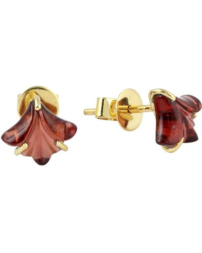 Artisan Yellow Gold Red Garnet Designer Stud Earrings Handmade Jewelry - Brown