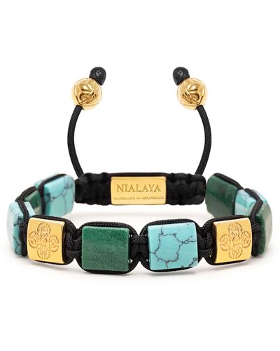 Nialaya Turquoise And Green Jade Flatbead Bracelet With Gold Plated Dorje