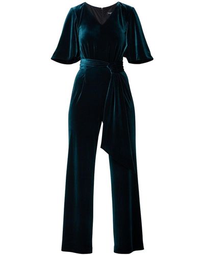 Rumour London Layla Velvet Jumpsuit With Bell Sleeves & Sash In Emerald - Green