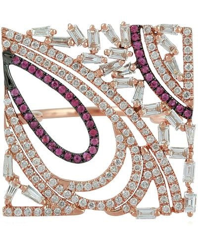 Artisan 18k Rose Gold Baguette Diamond Pink Sapphire Square Shape Ring Handmade Jewelry - White