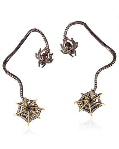Artisan Spider Web Style 18k Gold Diamond Cuff Earrings Sterling Silver Jewelry - Metallic