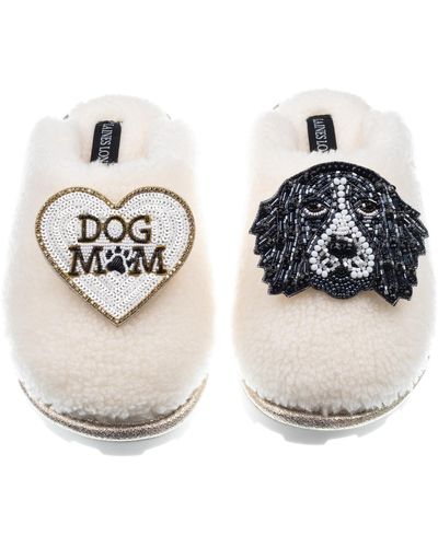 Laines London Teddy Closed Toe Slippers With Bentley The Spaniel & Dog Mum / Mom Brooches - Metallic