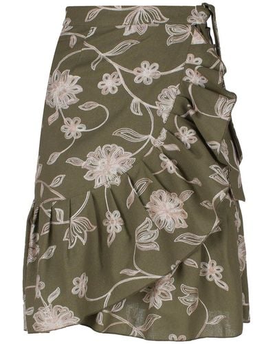 Conquista Olive Embroidered Floral Wrap Ruffle Skirt - Green
