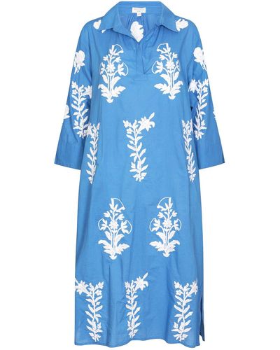 NoLoGo-chic Long Tourist Dress With White Embroidery Cotton - Blue