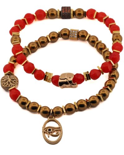 Ebru Jewelry Carnelian Stone Beaded Ra & Elephant Charm Bracelet Set - Brown