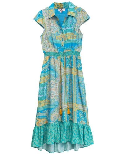 Niza Honeycomb Midi Dress With Mixed Prints - Blue
