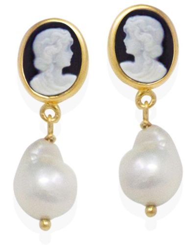 Vintouch Italy Black Mini Cameo & Pearl Earrings - Blue