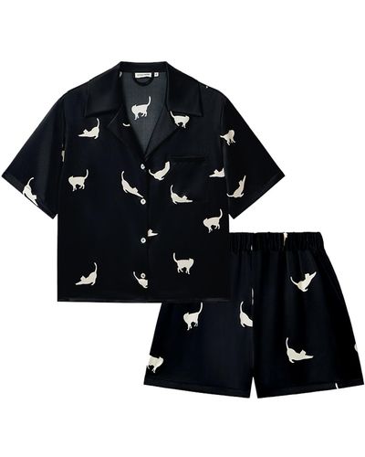 NOT JUST PAJAMA Cats Edition Silk Pyjamas Short Set - Black