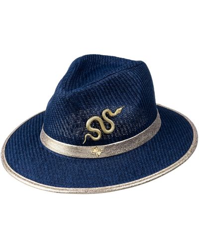 Laines London Straw Woven Hat With Gold Metal Snake Brooch - Blue