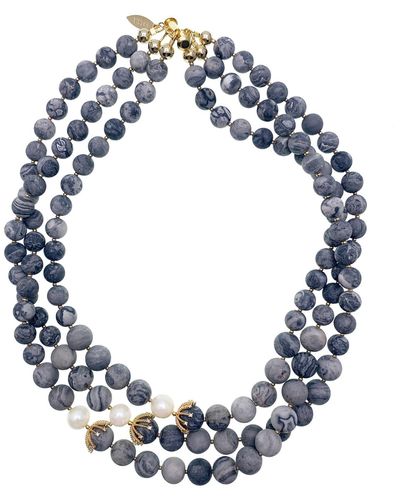 Farra Classic Multi-layers Grey Agate With White Pearls Statement Necklace - Blue