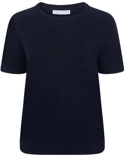 Paul James Knitwear S Ultra Fine Cotton Cassie Saddle Shoulder Knitted T-shirt - Blue