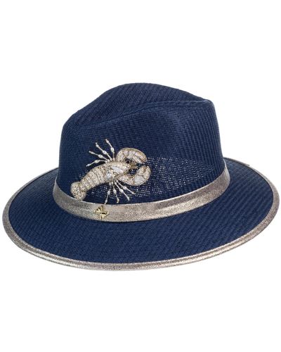 Laines London Straw Woven Hat With Pearl Beaded Lobster - Blue