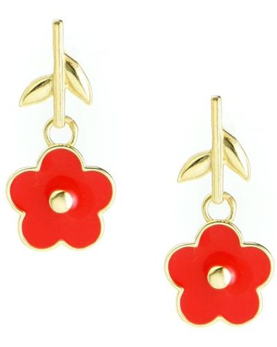 I'MMANY LONDON Flower Power Drop Earrings With Enamel Flower And Gold Vermeil Leaves - Red