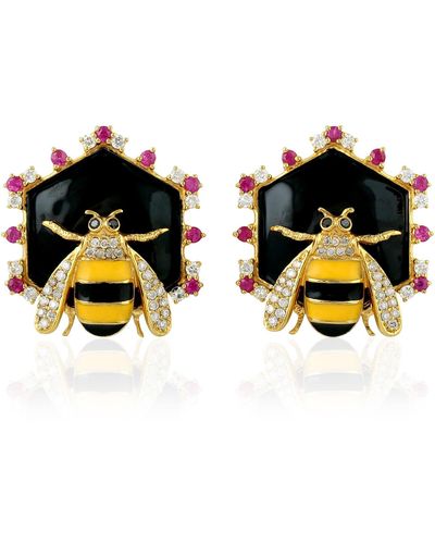 Artisan 18k Gold In Black & White Diamond With Ruby Honey Bee Hexagon Enamel Stud Earrings - Multicolor