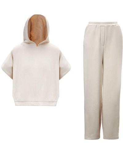 BLUZAT Neutrals Matching Set With Vest Hoodie And Wide Leg Pants With Side Slit - White