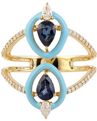 Artisan 18k Yellow Gold Blue Sapphire Pave Diamond Designer Ring Jewelry - Metallic