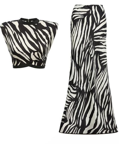 BLUZAT Zebra Printed Set With Top And Maxi Skirt - Black