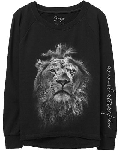 Zenzee Lion Animal Print Crewneck Sweatshirt - Black