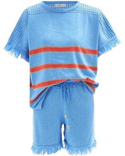 Peraluna Hannah Knitted Summer Blouse & Shorts Set In Multicolour - Blue