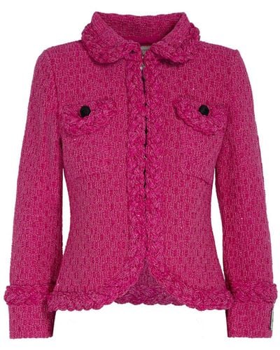 The Extreme Collection Pink Tweed Cotton Blend Jacket With Pockets And Black Buttons Agnes - Purple