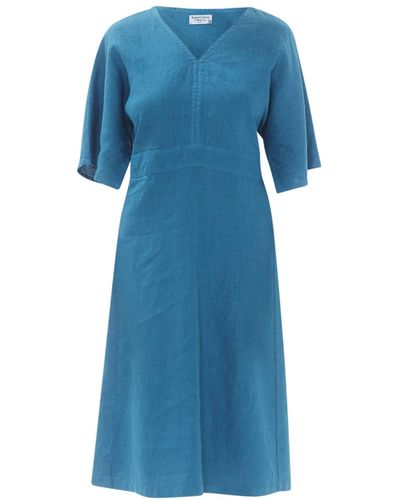 Haris Cotton Notched Neckline Linen Dress With Batwing Sleeve - Blue