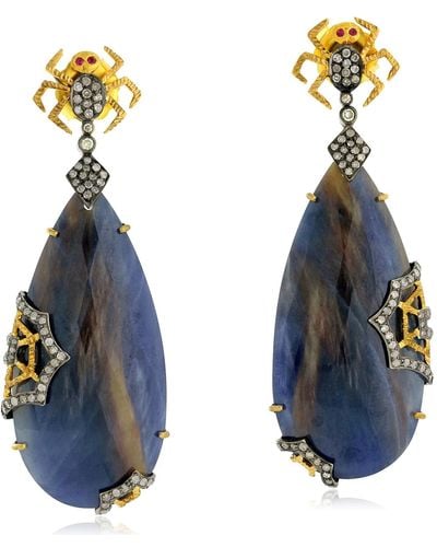 Artisan Spider Web Design Sapphire Ruby Diamond Gold 925 Sterling Silver Dangle Earrings Jewelry - Blue