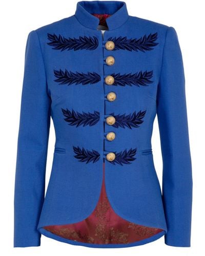 The Extreme Collection Embroidered Cotton Blend Blazer Renata With Golden Buttons - Blue
