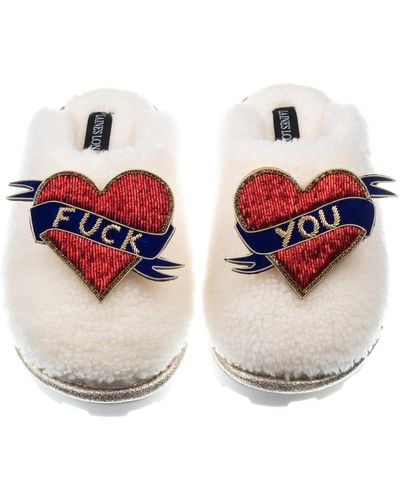 Laines London Teddy Closed Toe Slippers With Fuck You Brooches - Red