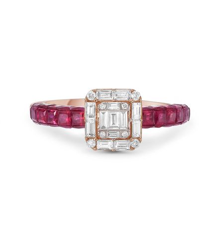 Artisan 18k Rose Gold Baguette Diamond Designer Ruby Gemstone Ring - Purple