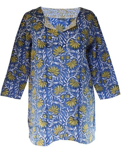 Lime Tree Design Yellow Floral Block Print Tunic Top - Blue