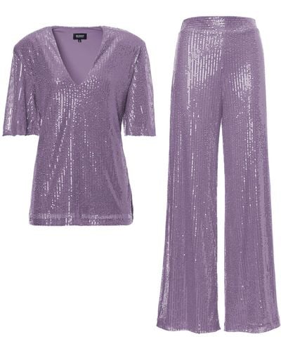 BLUZAT Lilac Sequin Matching Set With Blouse And Wide Leg Pants - Purple