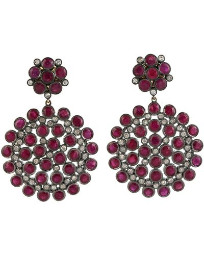 Artisan Bezel Set Ruby With Diamond Vintage Round Dangle Earring In 14k Gold & 925 Starling Silver - Multicolour