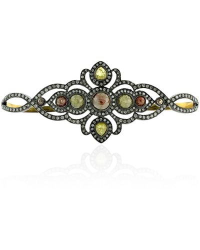 Artisan 18k Solid Gold & Silver With Natural Ice Diamond Crown Design Palm Bracelet - Green