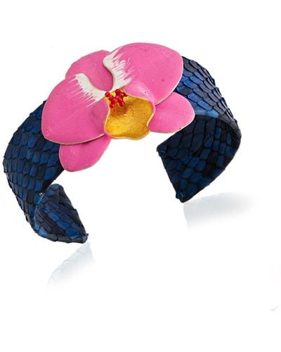 Milou Jewelry Fuchsia Pink Orchid Flower Leather Cuff Bracelet - Blue